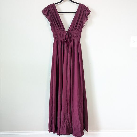 Lulu's Heavenly Hues Burgundy Plunge Neckline Sleeveless Maxi Dress XS - Picture 4 of 11